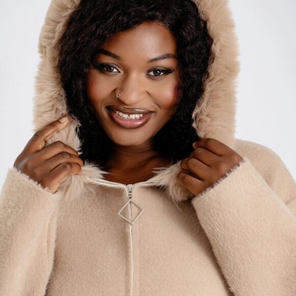 Khaki Tan Colored Fur Hooded Sweater Coat - Picture 2 of 3